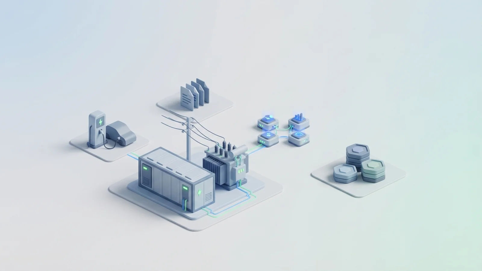 Isometric 3D illustration of battery container and substation with EV charger station and analytics node cluster