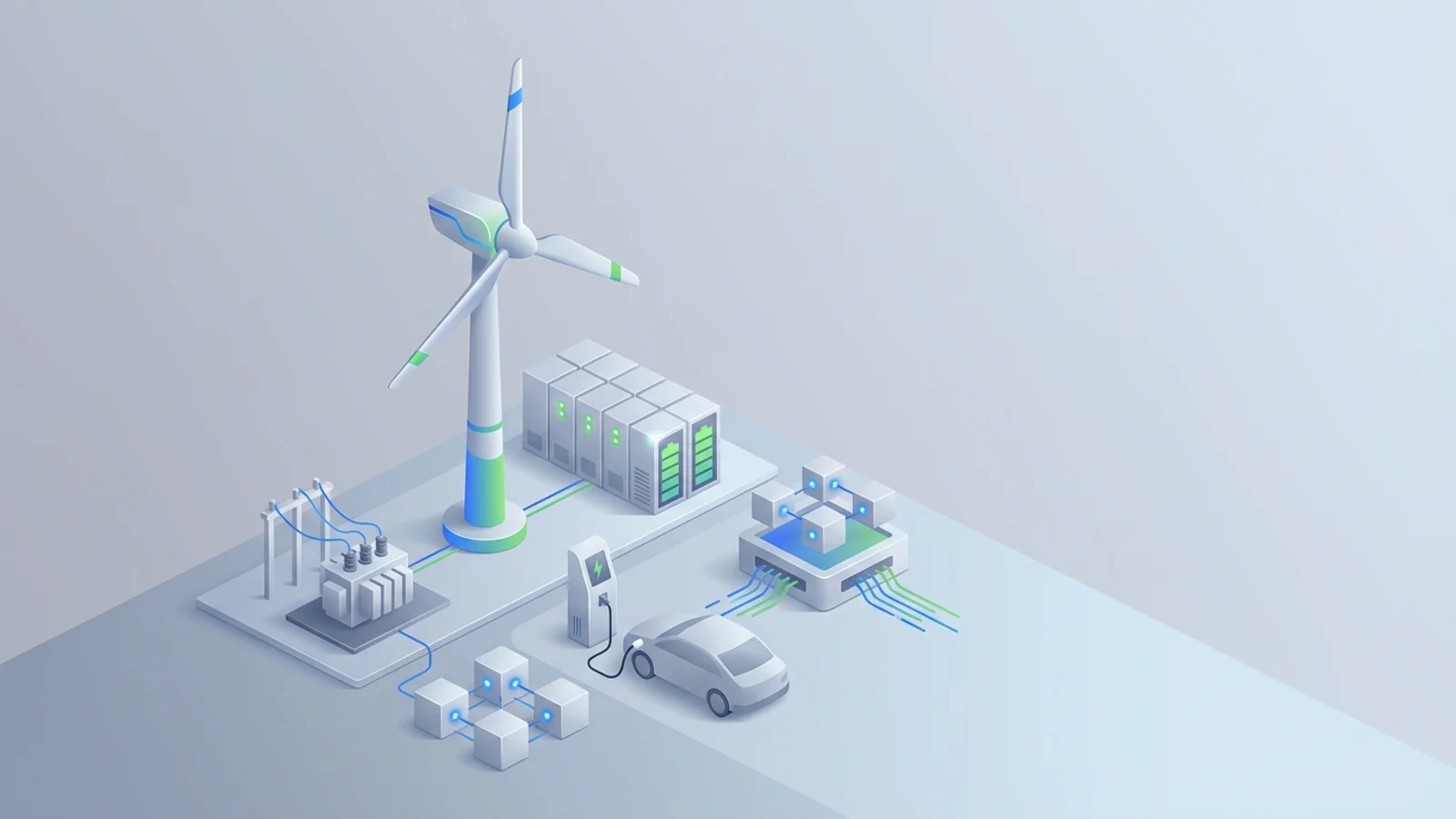 Isometric 3D illustration of wind turbine and battery container with substation and EV charger station