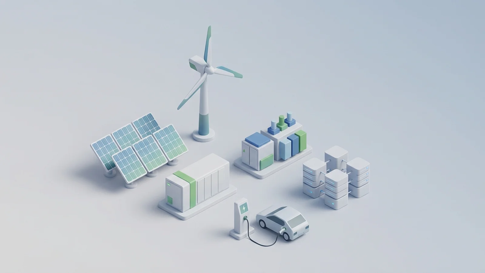 Isometric 3D illustration of solar array and wind turbine with battery container and substation