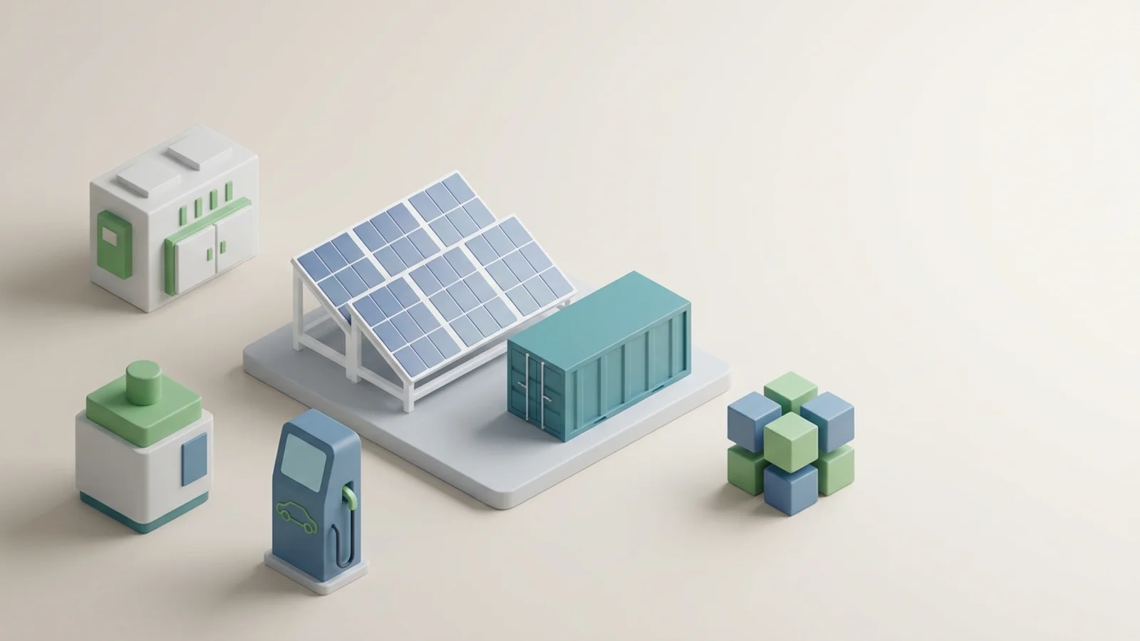 Isometric 3D illustration of solar array and battery container with substation and EV charger station