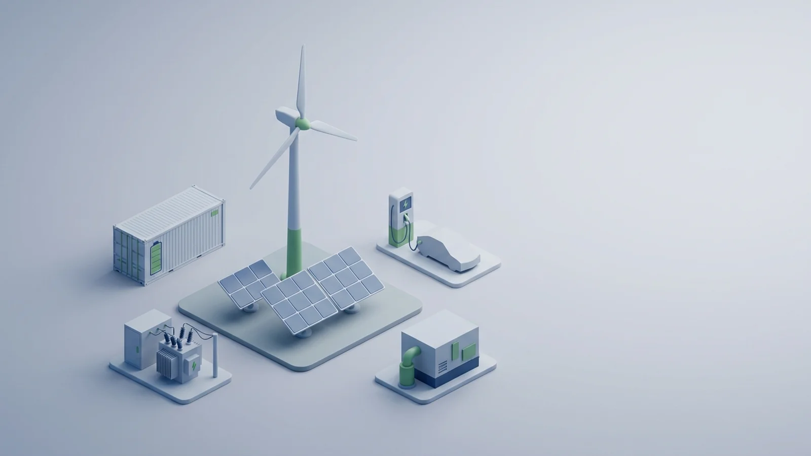 Isometric 3D illustration of solar array and wind turbine with battery container and substation