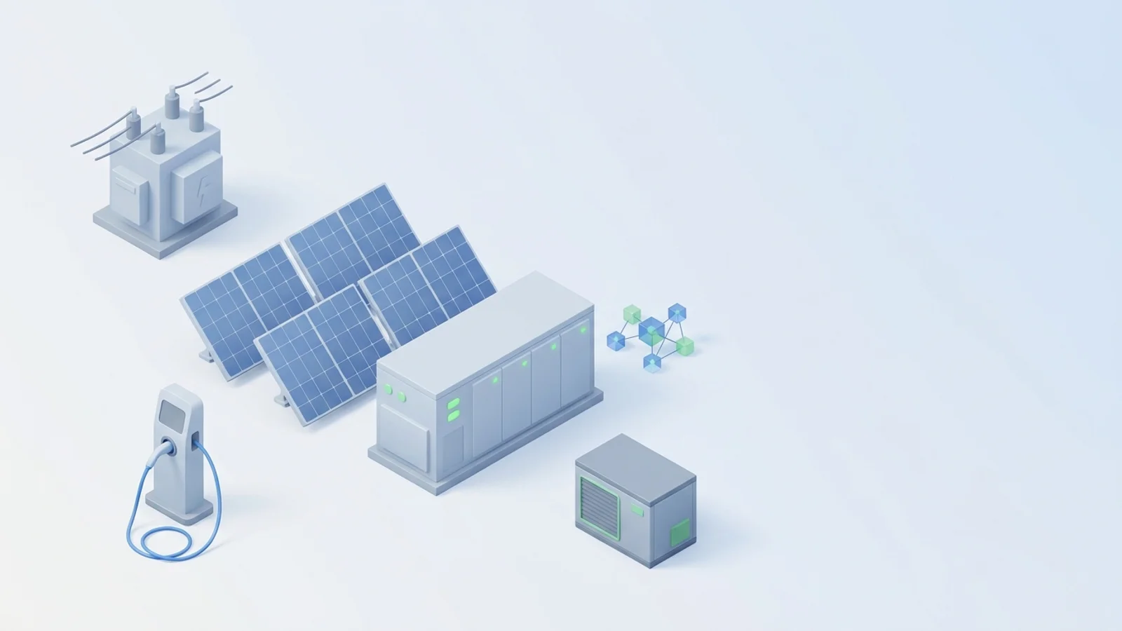 Isometric 3D illustration of solar array and battery container with substation and EV charger station