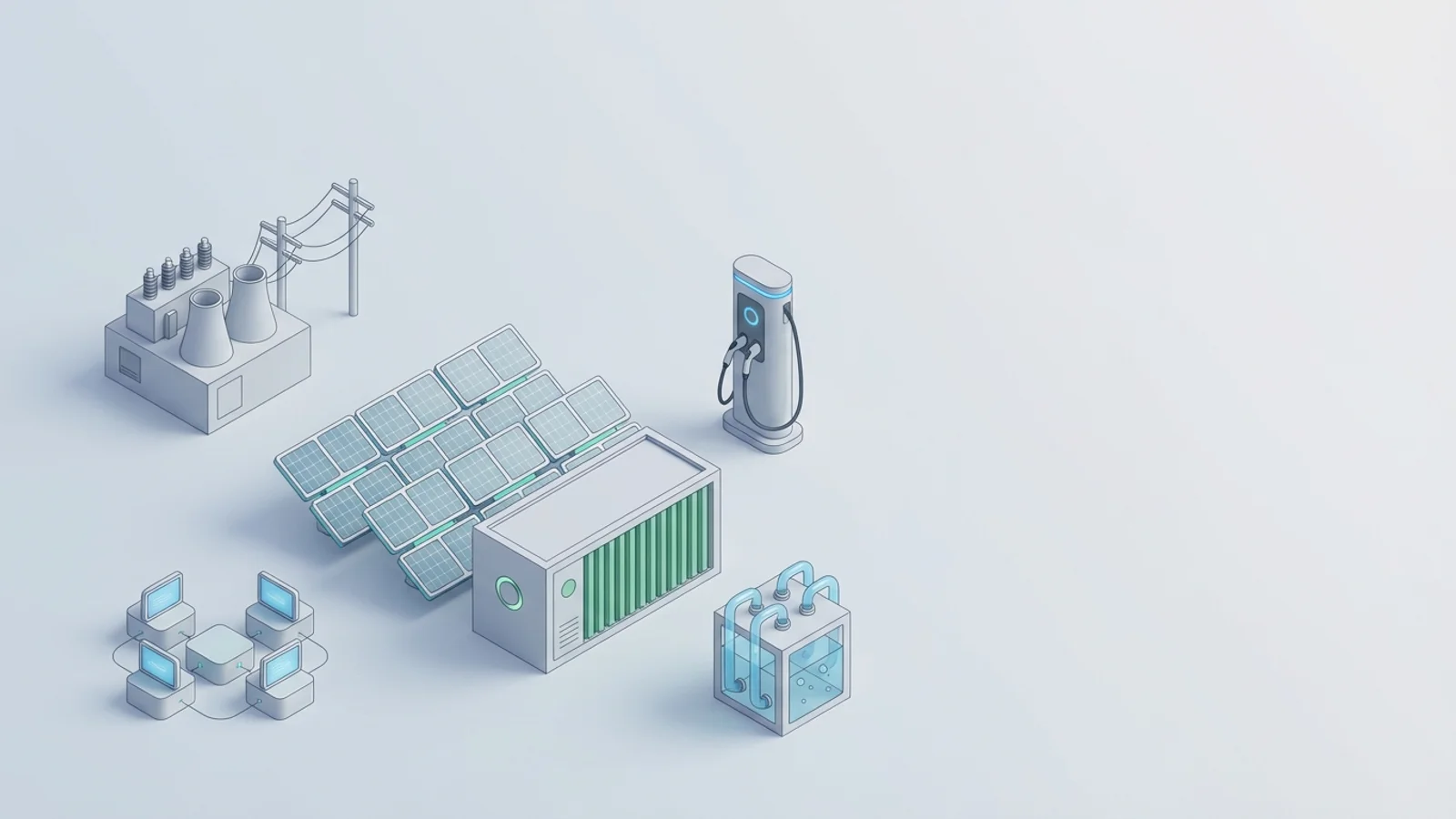 Isometric 3D illustration of solar array and battery container with substation and EV charger station