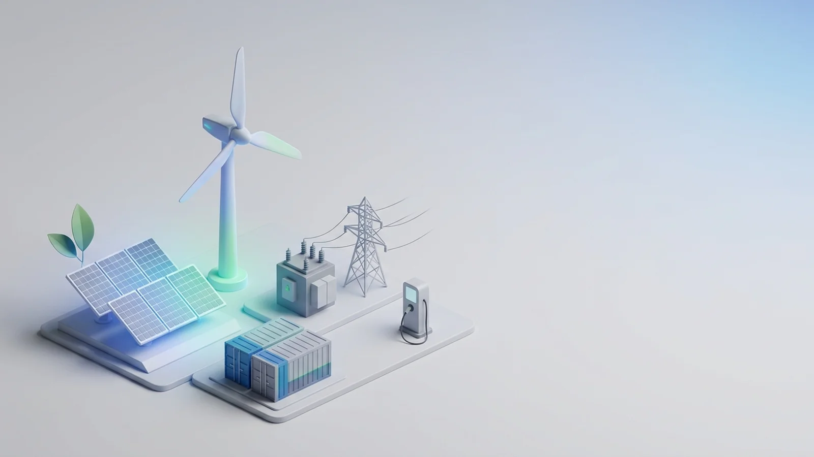Isometric 3D illustration of solar array and wind turbine with battery container and substation