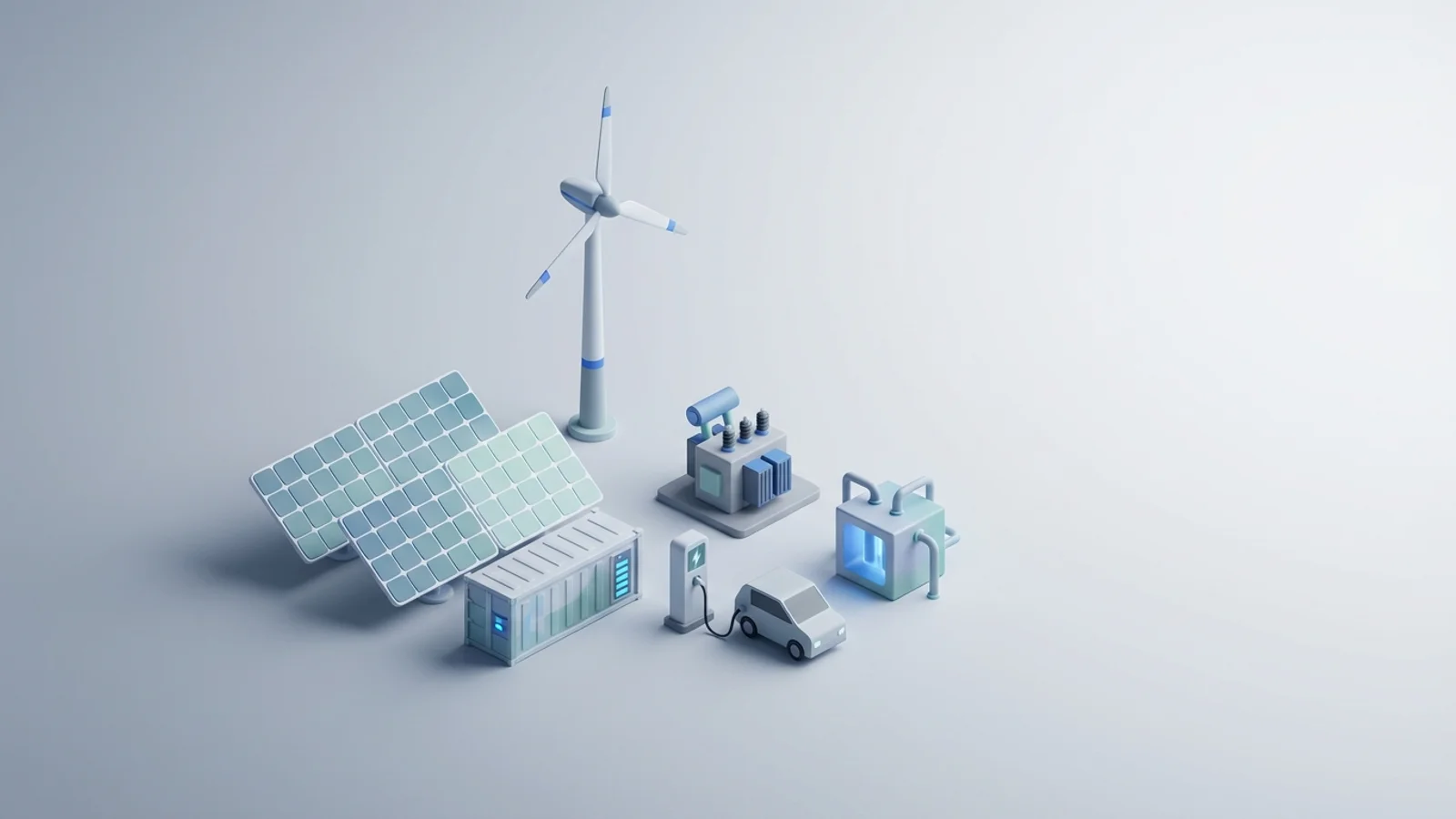 Isometric 3D illustration of solar array and wind turbine with battery container and substation