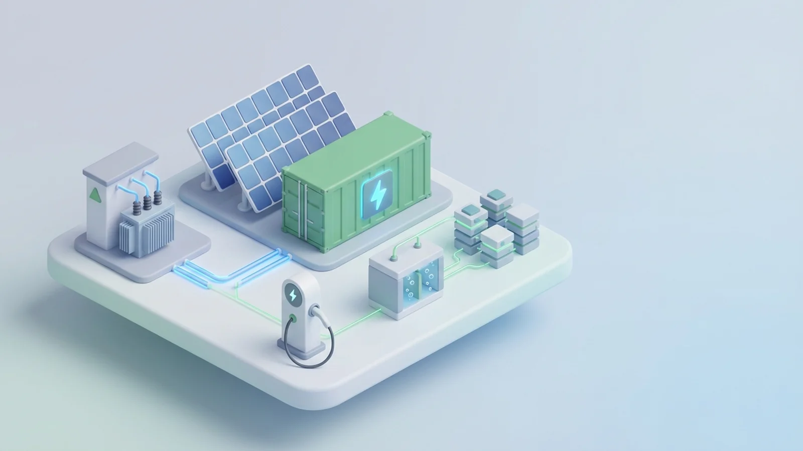 Isometric 3D illustration of solar array and battery container with substation and EV charger station
