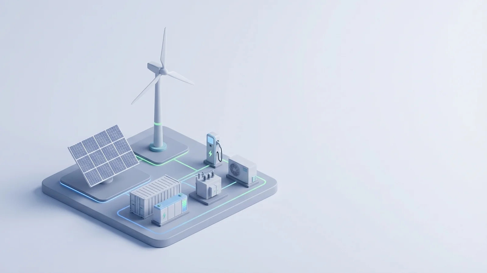 Isometric 3D illustration of solar array and wind turbine with battery container and substation