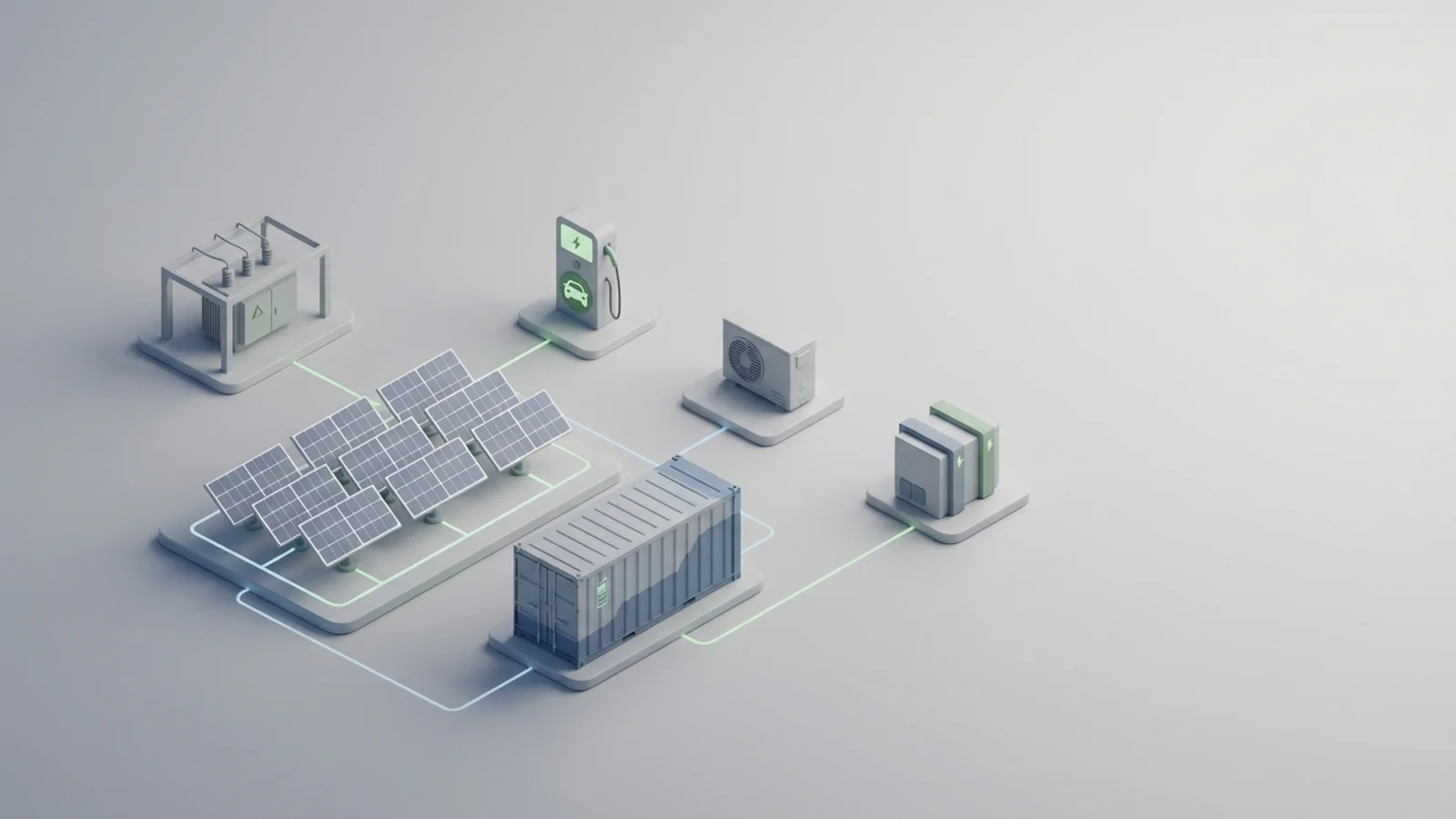Isometric 3D illustration of solar array and battery container with substation and EV charger station