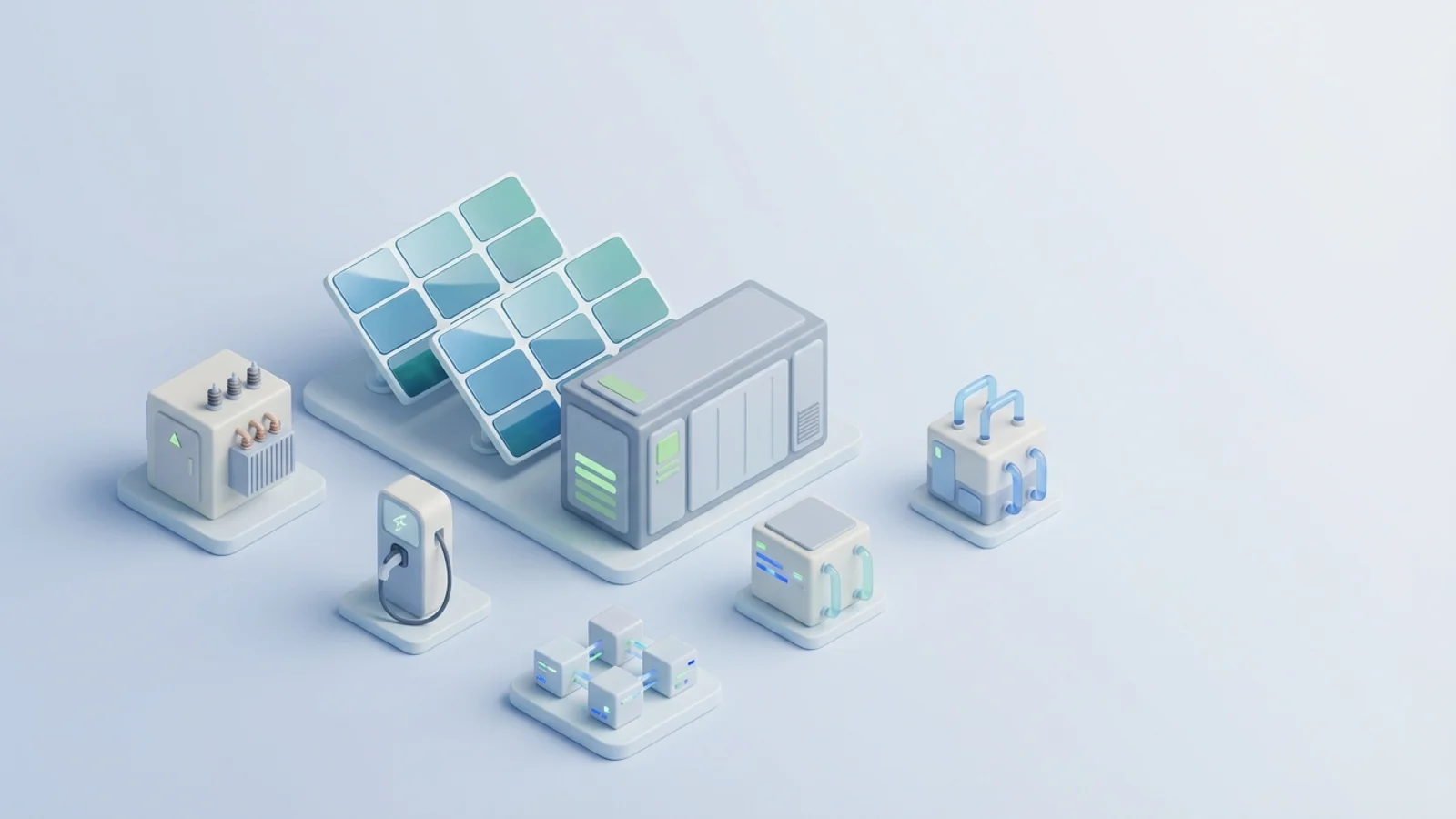 Isometric 3D illustration of solar array and battery container with substation and EV charger station
