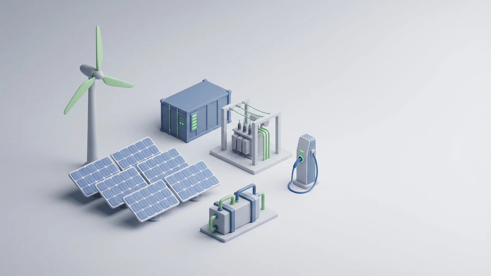 Isometric 3D illustration of solar array and wind turbine with battery container and substation