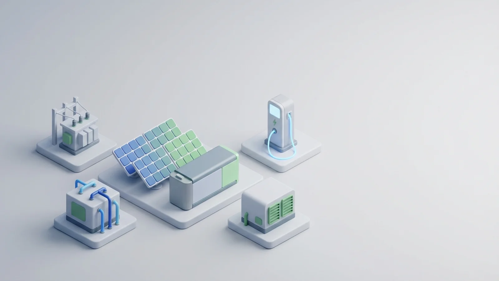 Isometric 3D illustration of solar array and battery container with substation and EV charger station