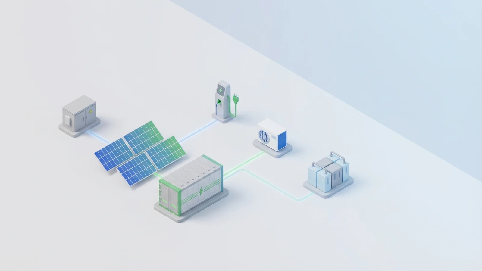 Isometric 3D illustration of solar array and battery container with substation and EV charger station