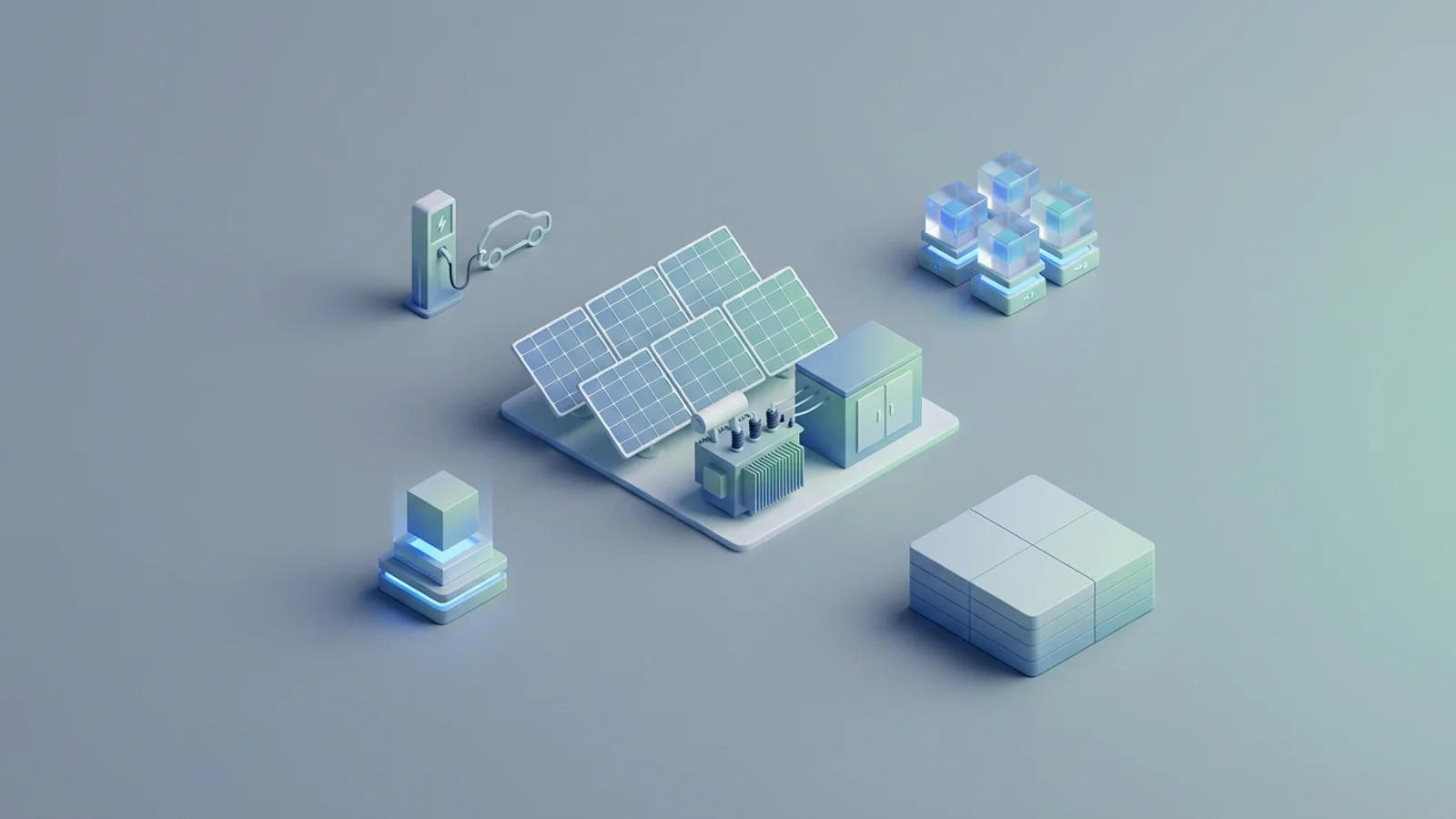 Isometric 3D illustration of solar array and substation with EV charger station and analytics node cluster