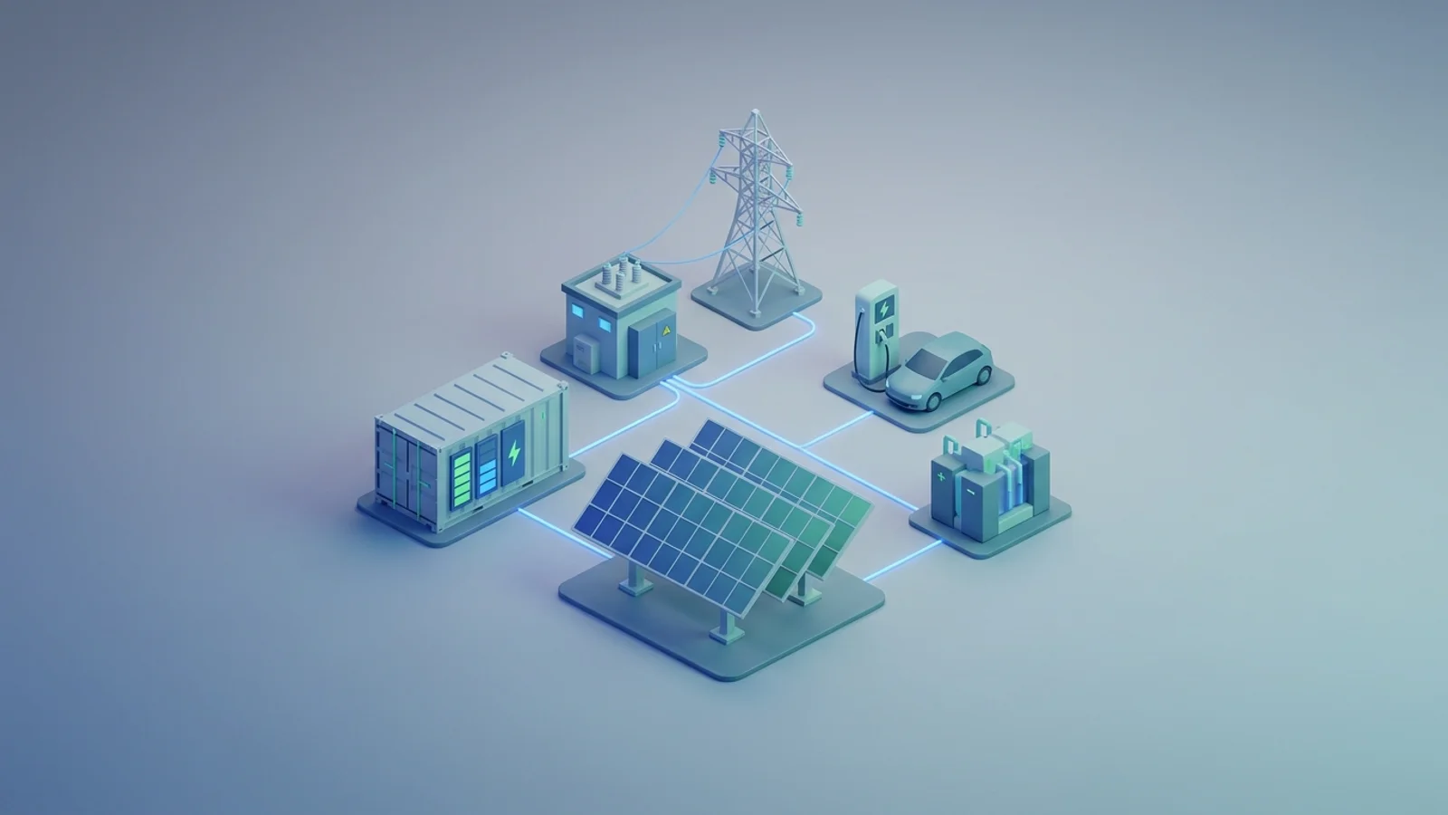 Isometric 3D illustration of solar array and battery container with substation and transmission tower