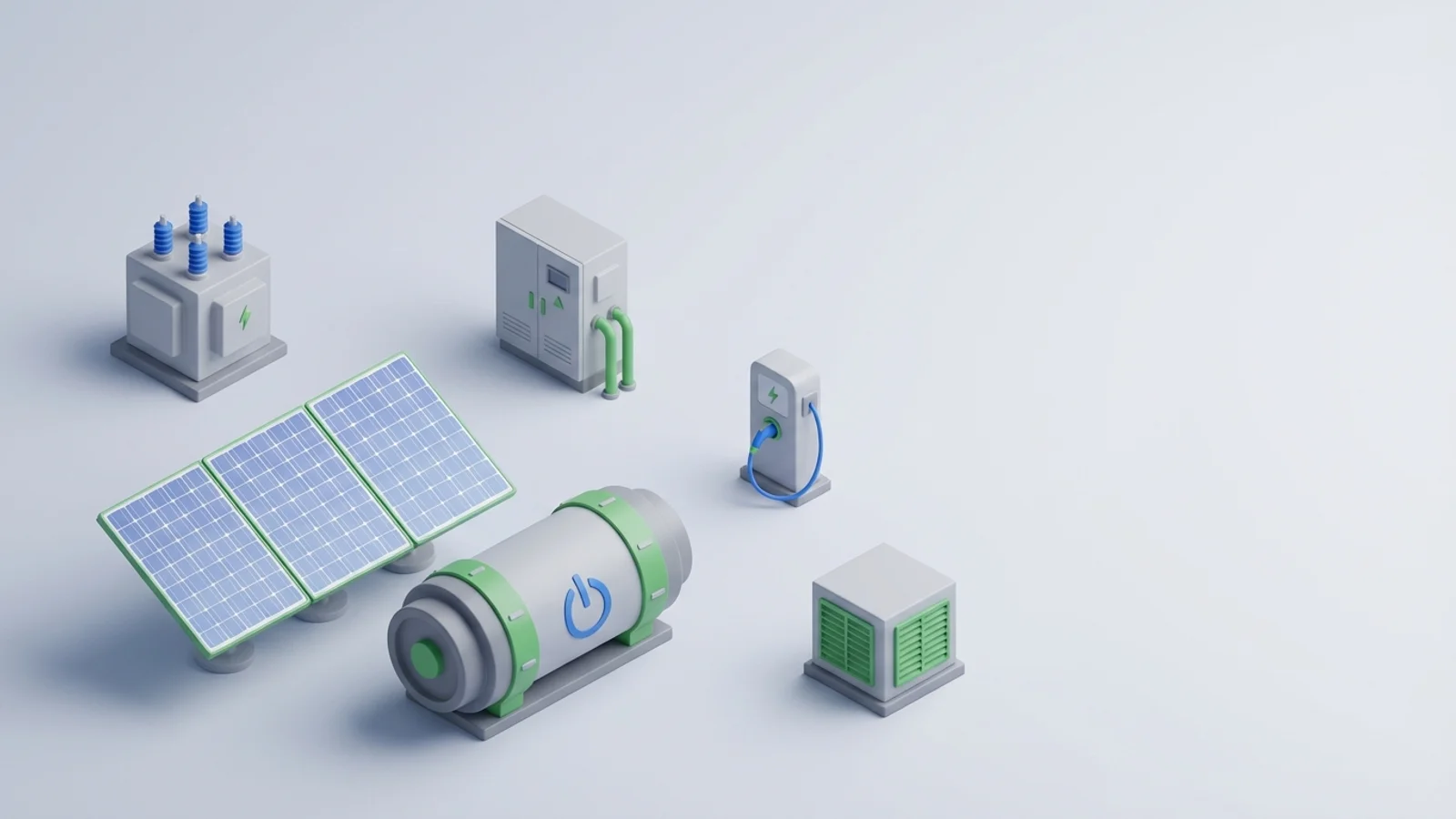 Isometric 3D illustration of solar array and battery container with substation and inverter cabinet
