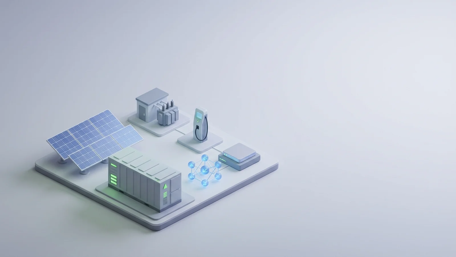 Isometric 3D illustration of solar array and battery container with substation and EV charger station