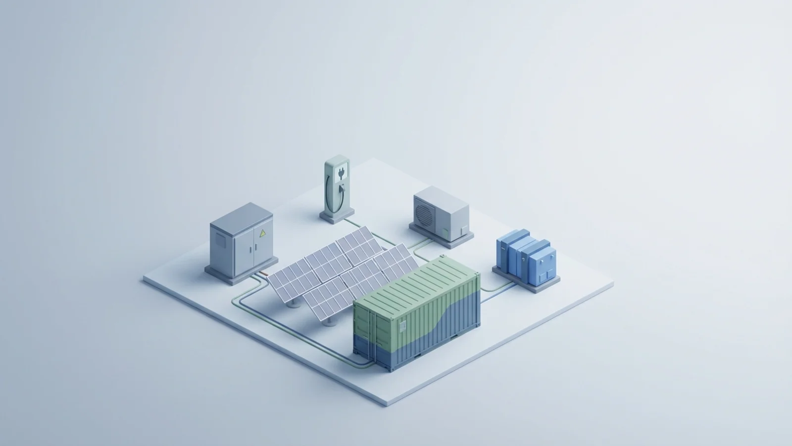 Isometric 3D illustration of solar array and battery container with substation and EV charger station