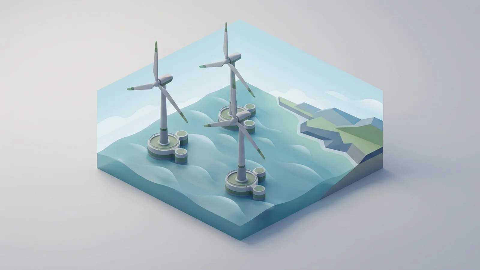 Isometric 3D illustration of A large offshore floating wind turbine array, with massive blades slowly turning against a backdrop of distant coastline under a clear sky.