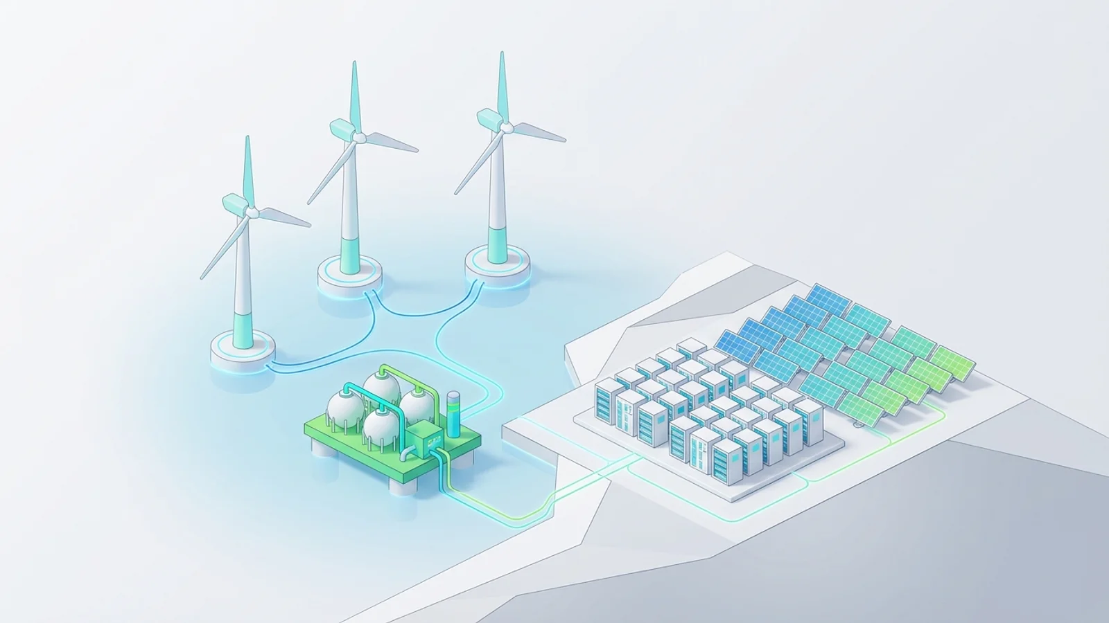 Isometric 3D illustration of An isometric scene depicting a sprawling floating offshore wind farm with a dedicated green hydrogen production platform situated nearby on the water, while on the adjacent coastline, a modern grid-scale battery storage facility is seamlessly integrated with a utility-scale solar array.