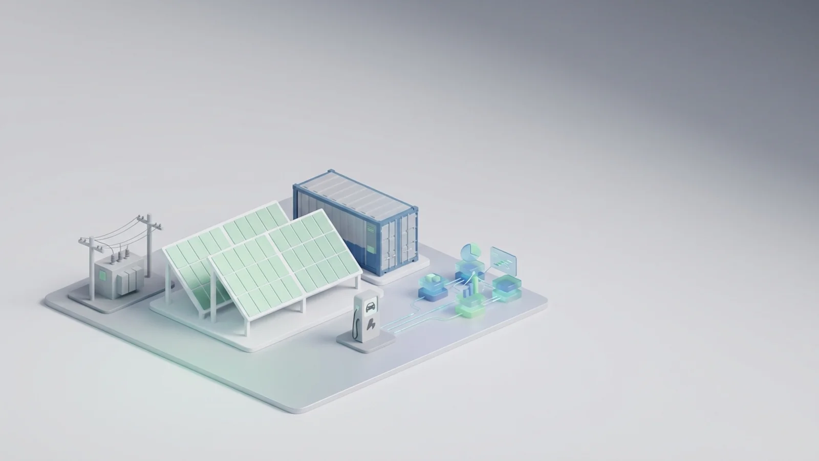 Isometric 3D illustration of solar array and battery container with substation and EV charger station