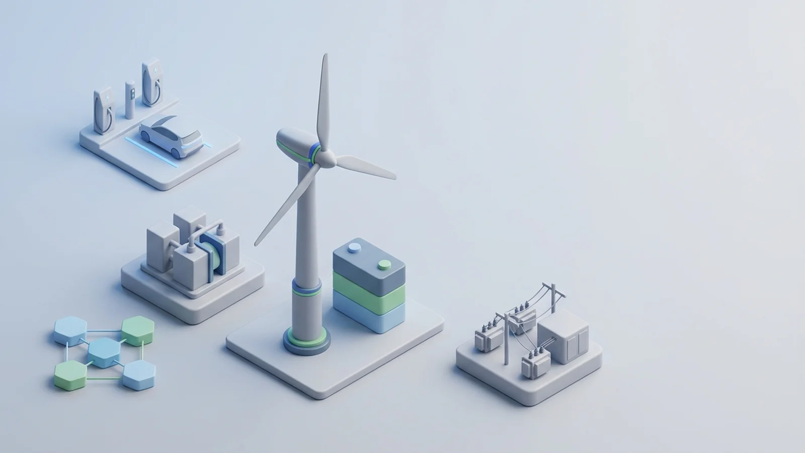 Isometric 3D illustration of wind turbine and battery container with substation and EV charger station