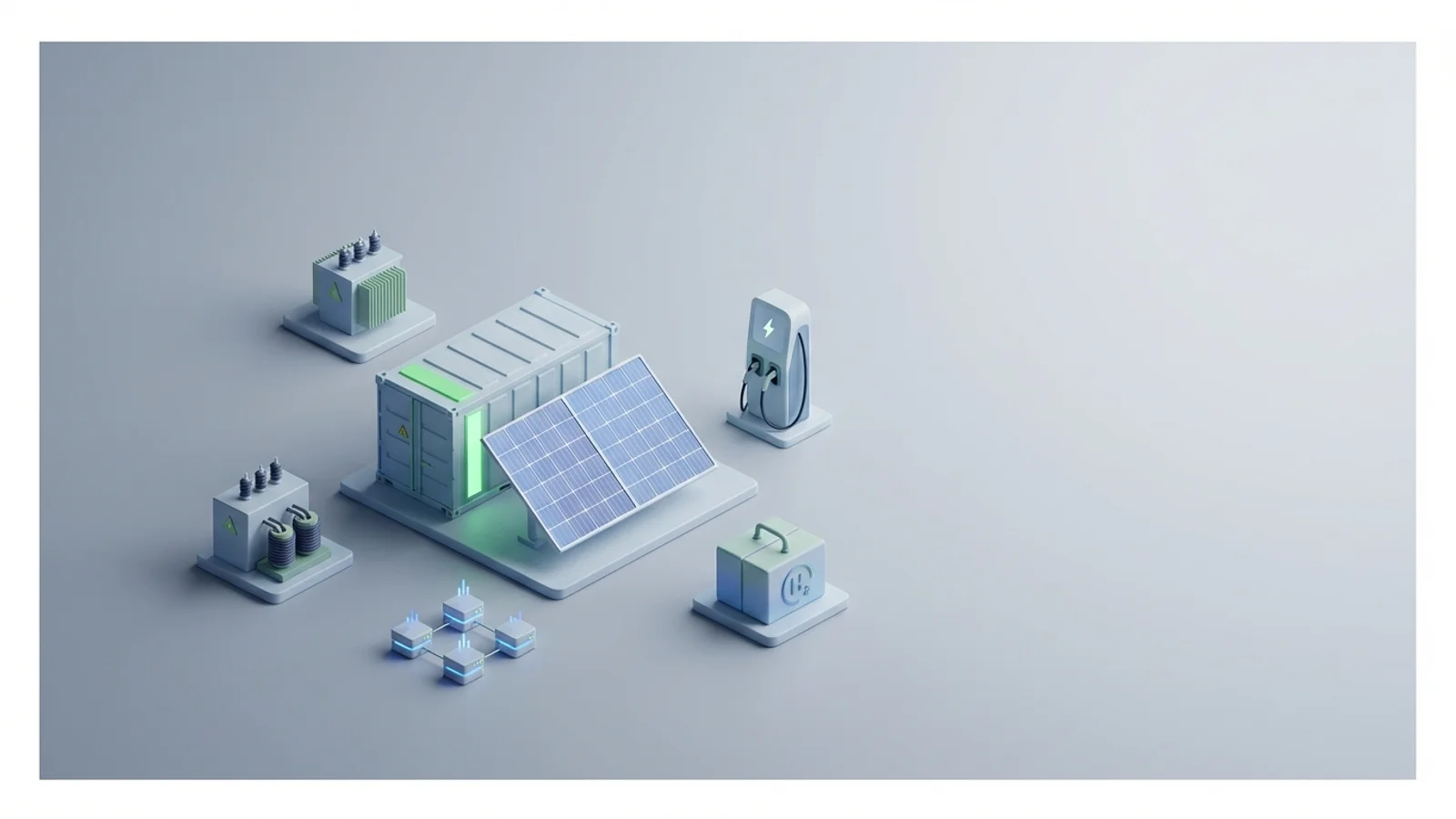 Isometric 3D illustration of solar array and battery container with substation and EV charger station