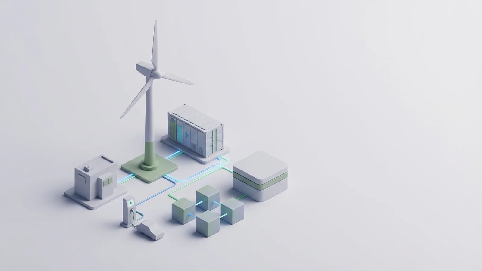 Isometric 3D illustration of wind turbine and battery container with substation and EV charger station