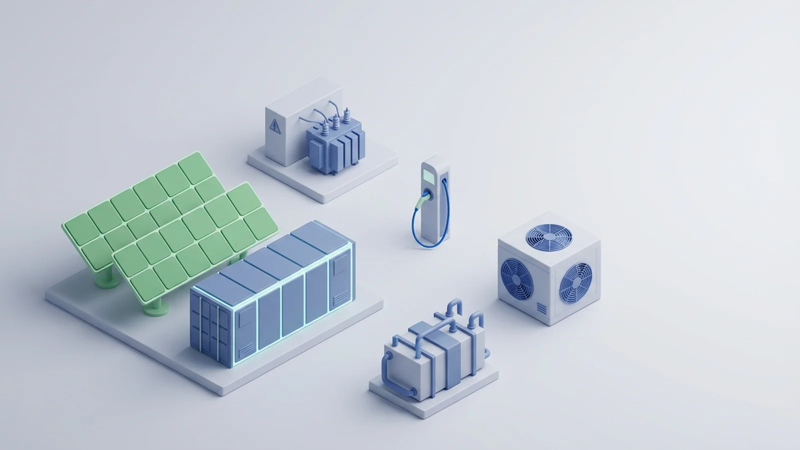 Isometric 3D illustration of solar array and battery container with substation and EV charger station