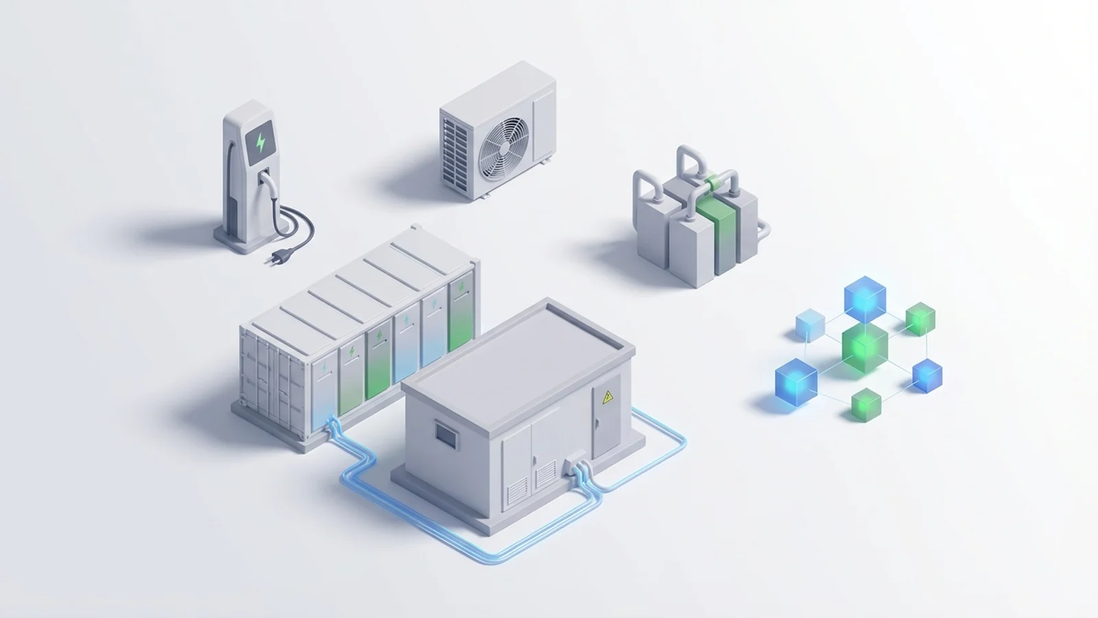 Isometric 3D illustration of battery container and substation with EV charger station and heat pump unit