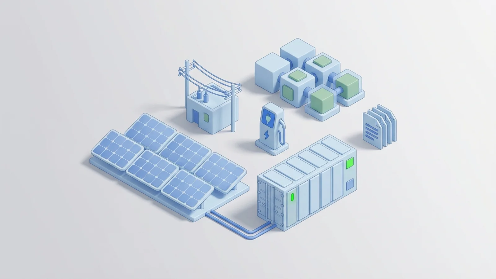 Isometric 3D illustration of solar array and battery container with substation and EV charger station