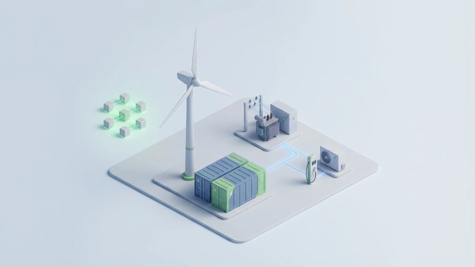 Isometric 3D illustration of wind turbine and battery container with substation and EV charger station