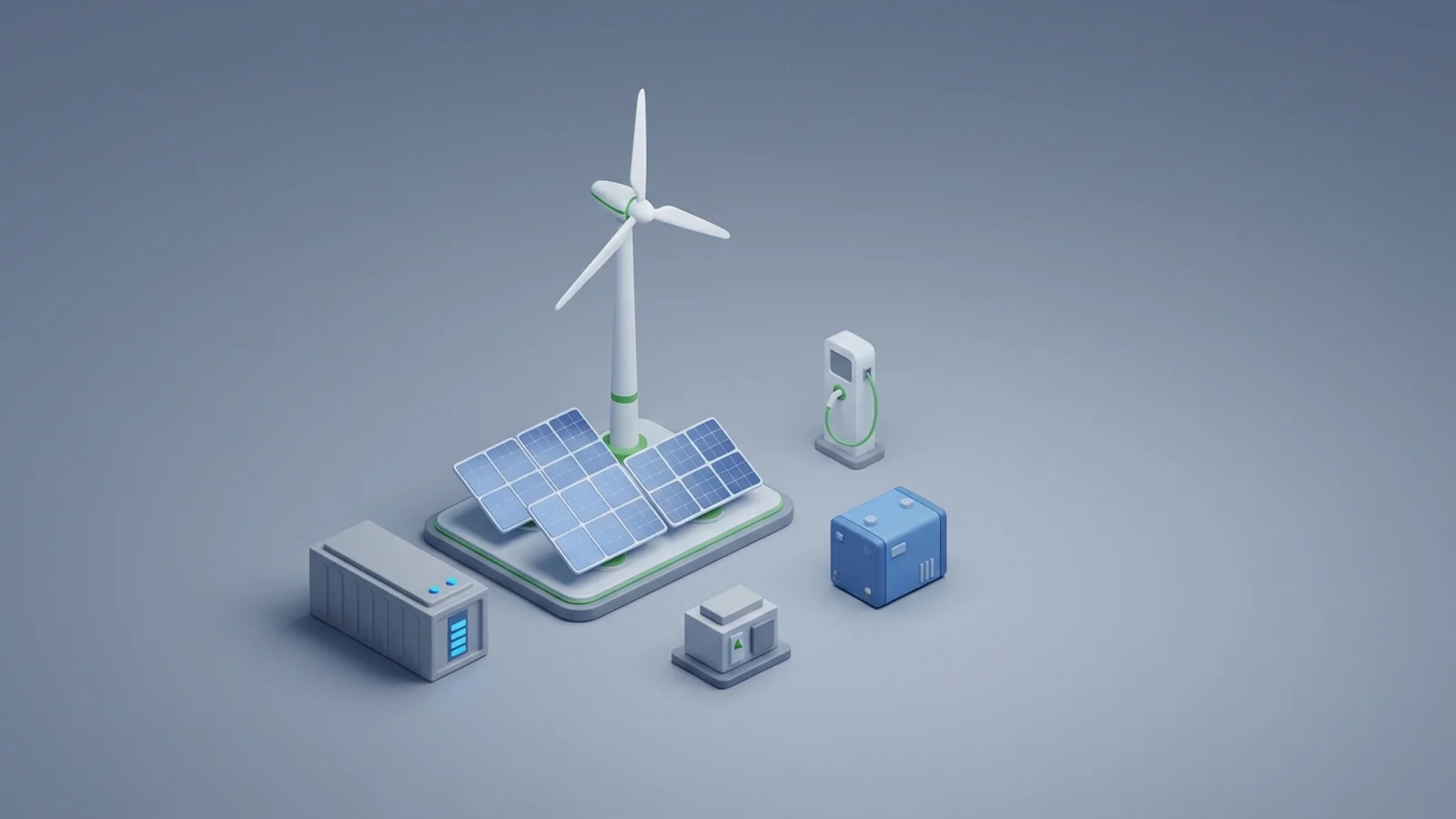 Isometric 3D illustration of solar array and wind turbine with battery container and substation