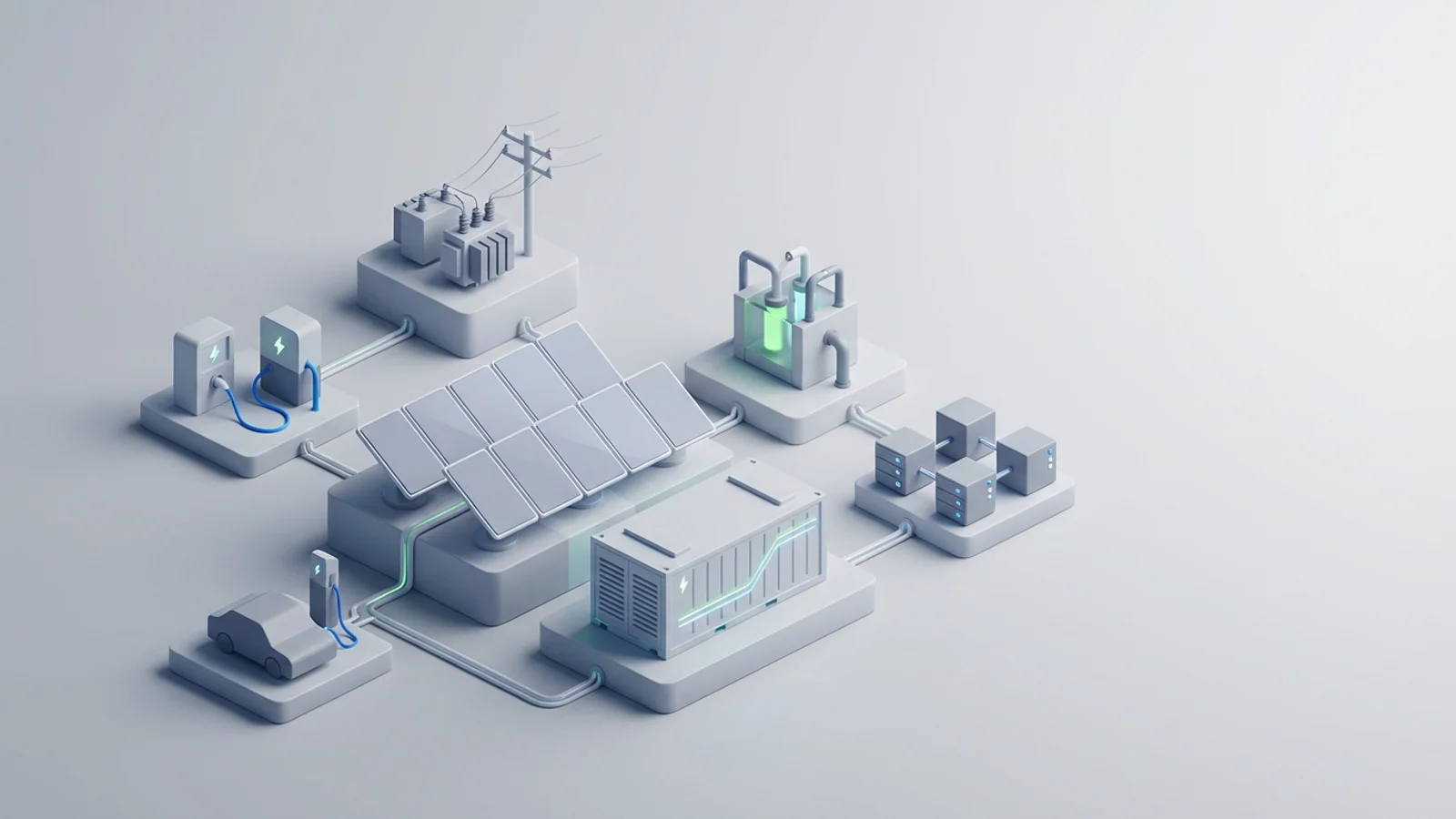 Isometric 3D illustration of solar array and battery container with substation and EV charger station