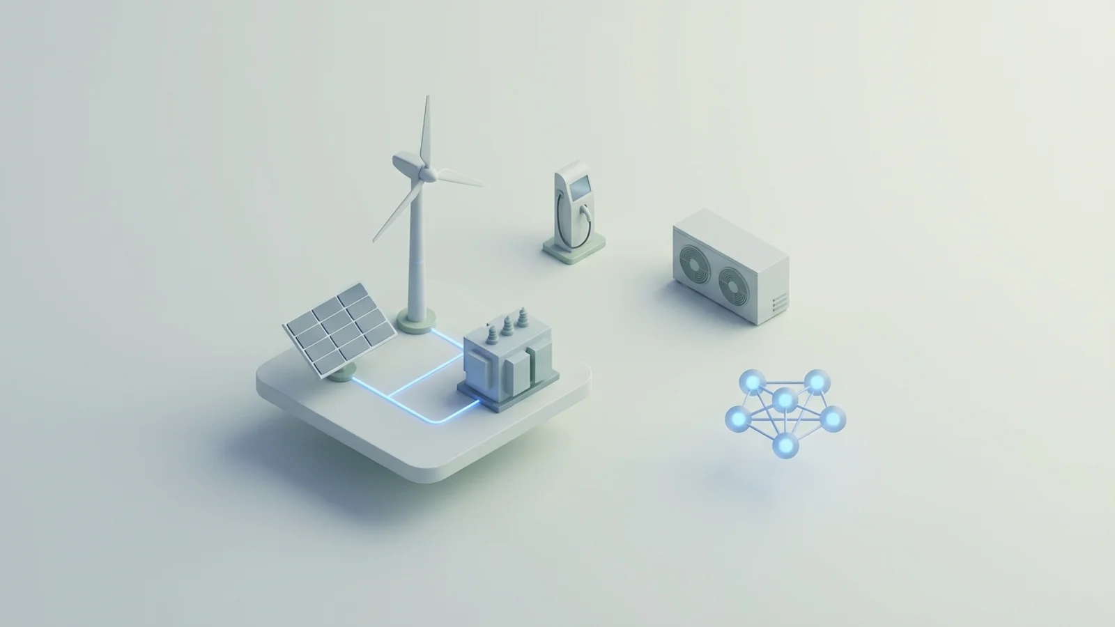 Isometric 3D illustration of solar array and wind turbine with substation and EV charger station