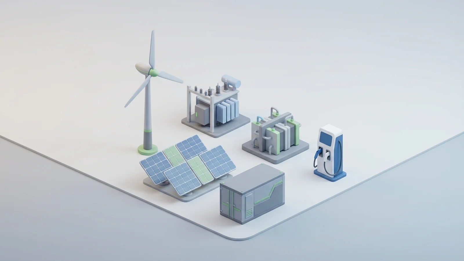 Isometric 3D illustration of solar array and wind turbine with battery container and substation