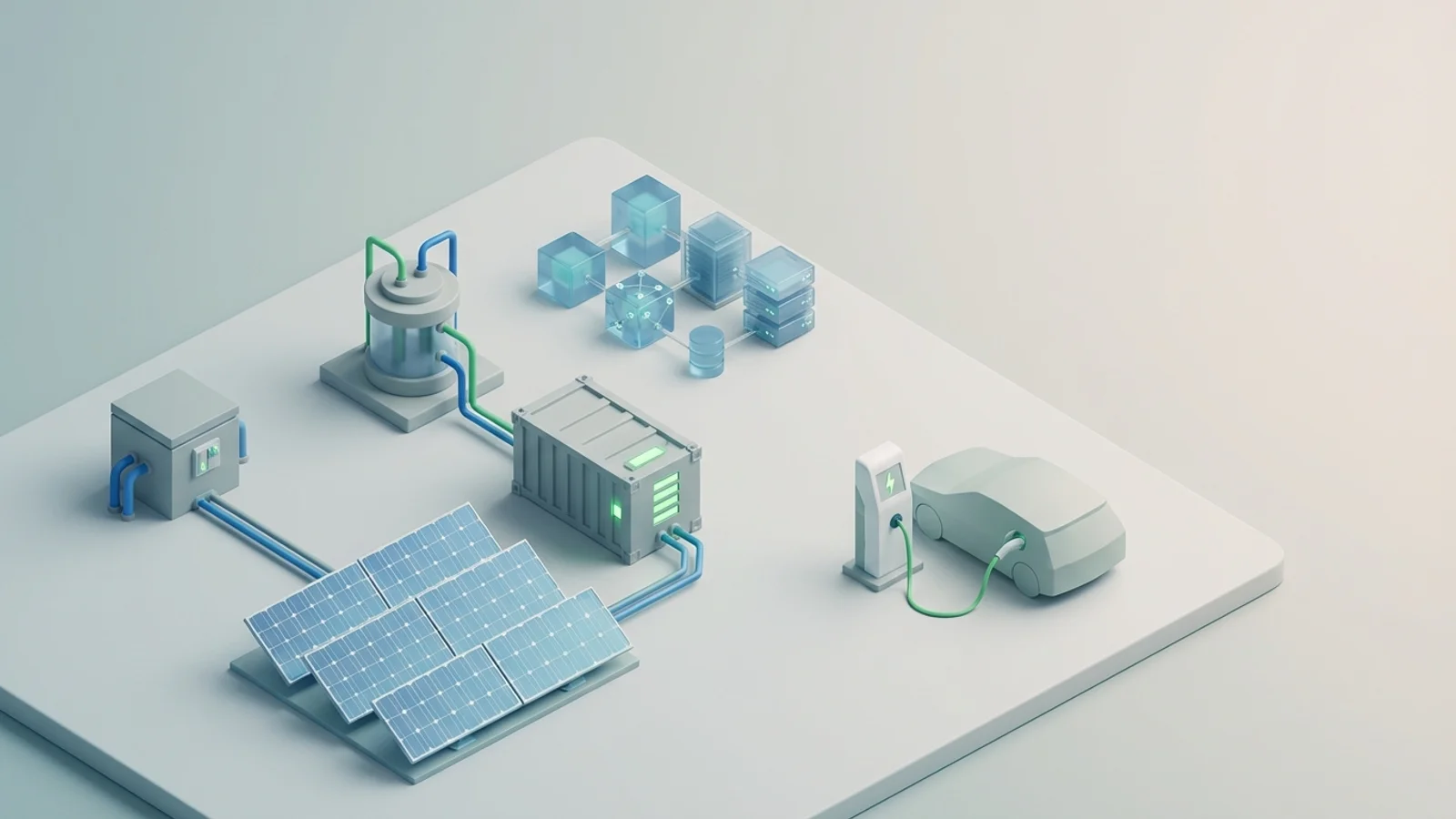 Isometric 3D illustration of solar array and battery container with substation and EV charger station