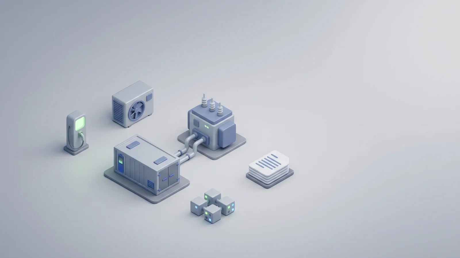 Isometric 3D illustration of battery container and substation with EV charger station and heat pump unit