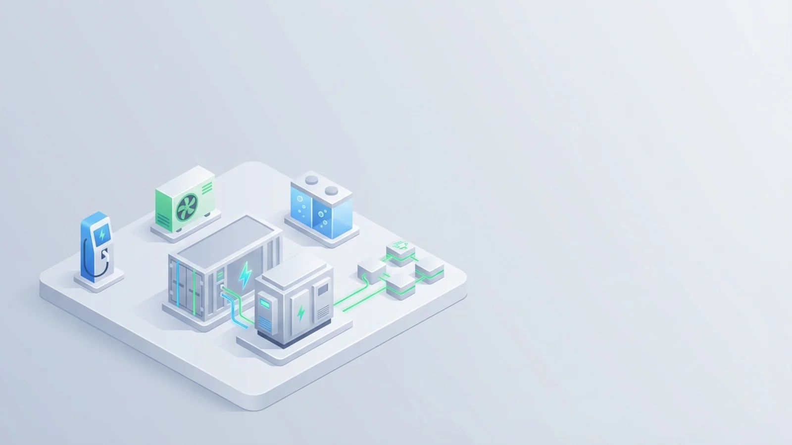 Isometric 3D illustration of battery container and substation with EV charger station and heat pump unit