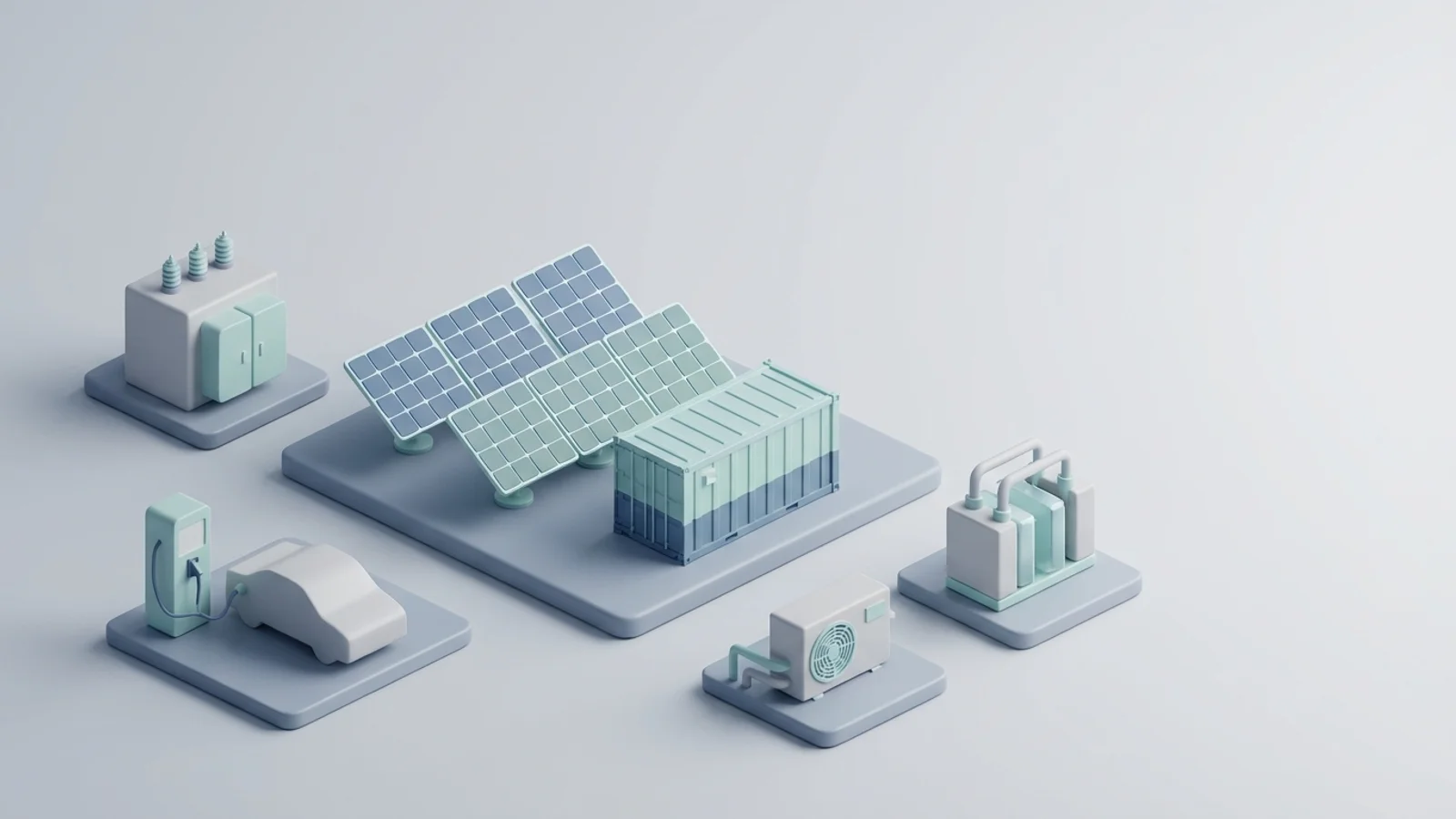 Isometric 3D illustration of solar array and battery container with substation and EV charger station