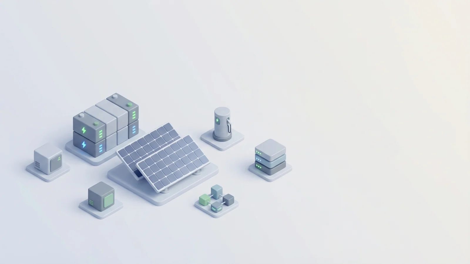 Isometric 3D illustration of solar array and battery container with substation and EV charger station