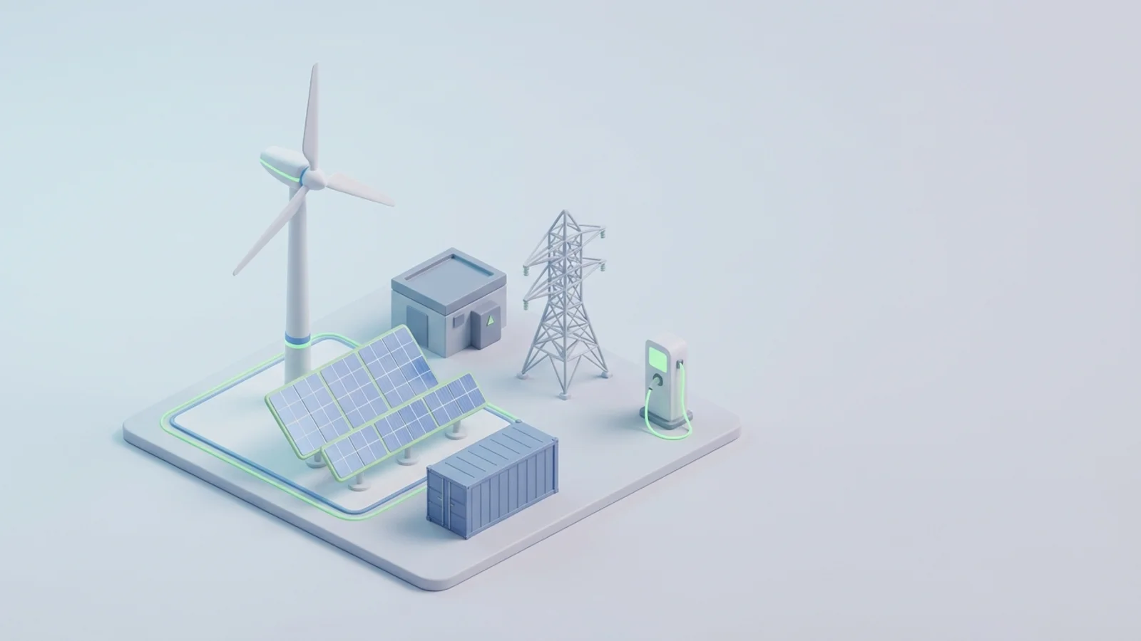 Isometric 3D illustration of solar array and wind turbine with battery container and substation