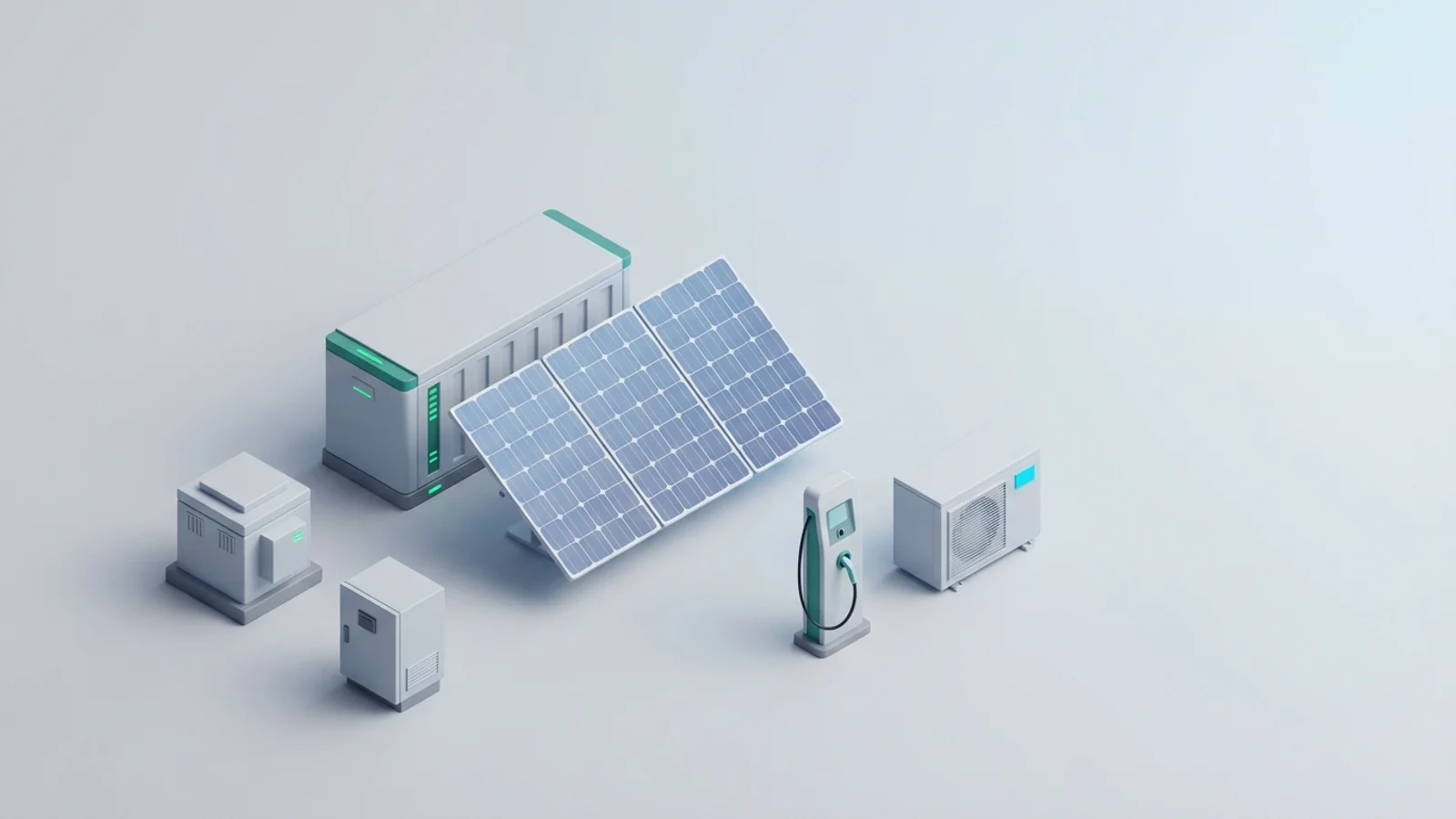 Isometric 3D illustration of solar array and battery container with substation and inverter cabinet