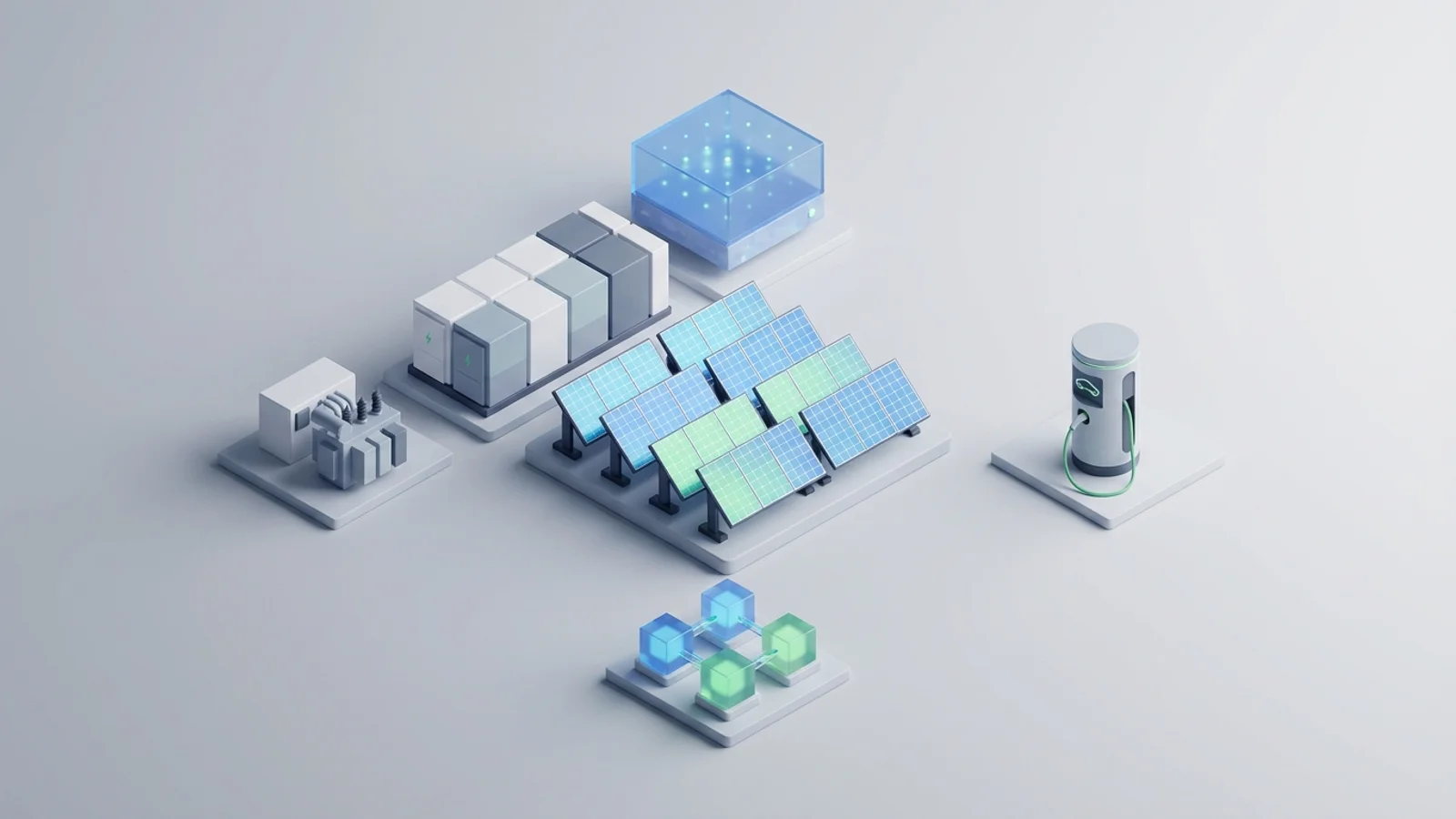 Isometric 3D illustration of solar array and battery container with substation and EV charger station