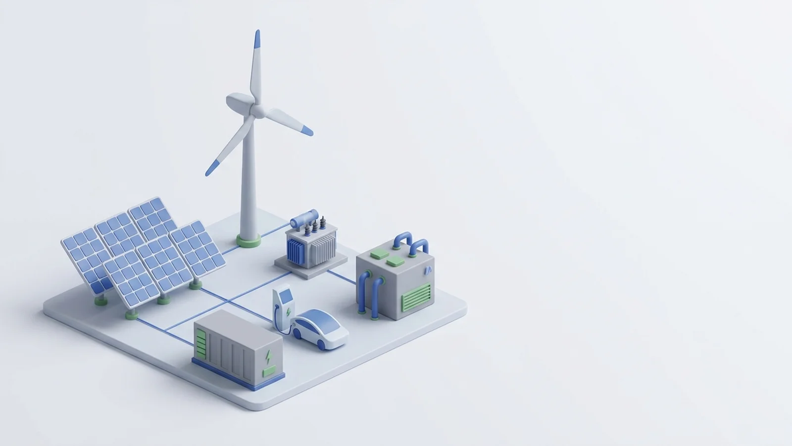 Isometric 3D illustration of solar array and wind turbine with battery container and substation