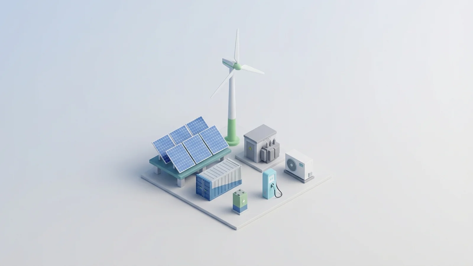 Isometric 3D illustration of solar array and wind turbine with battery container and substation