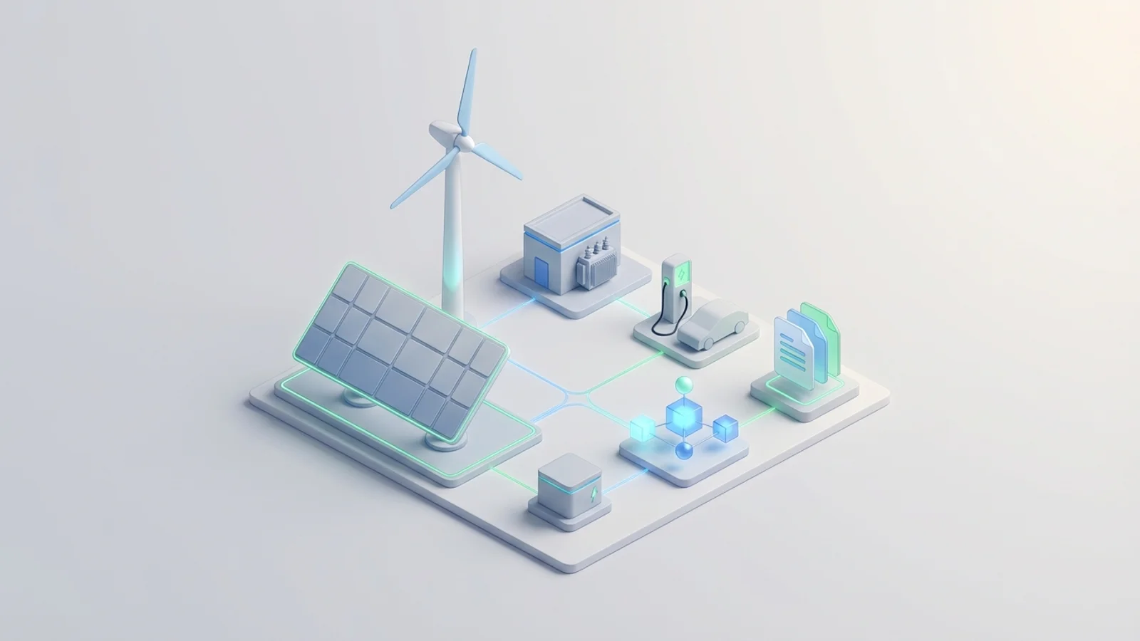 Isometric 3D illustration of solar array and wind turbine with substation and EV charger station