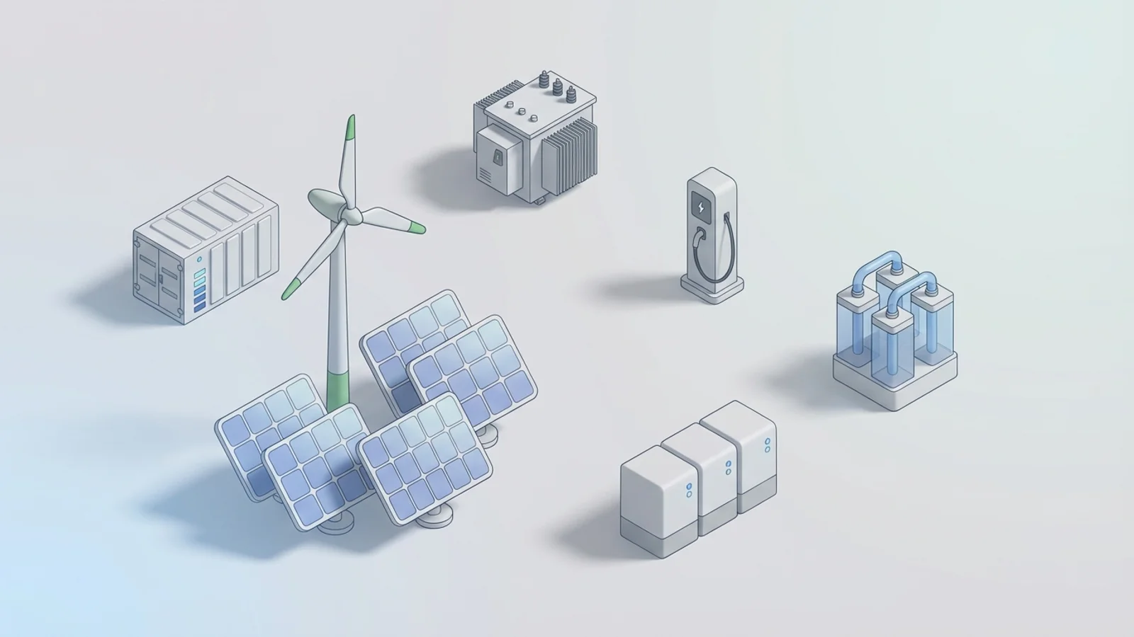 Isometric 3D illustration of solar array and wind turbine with battery container and substation