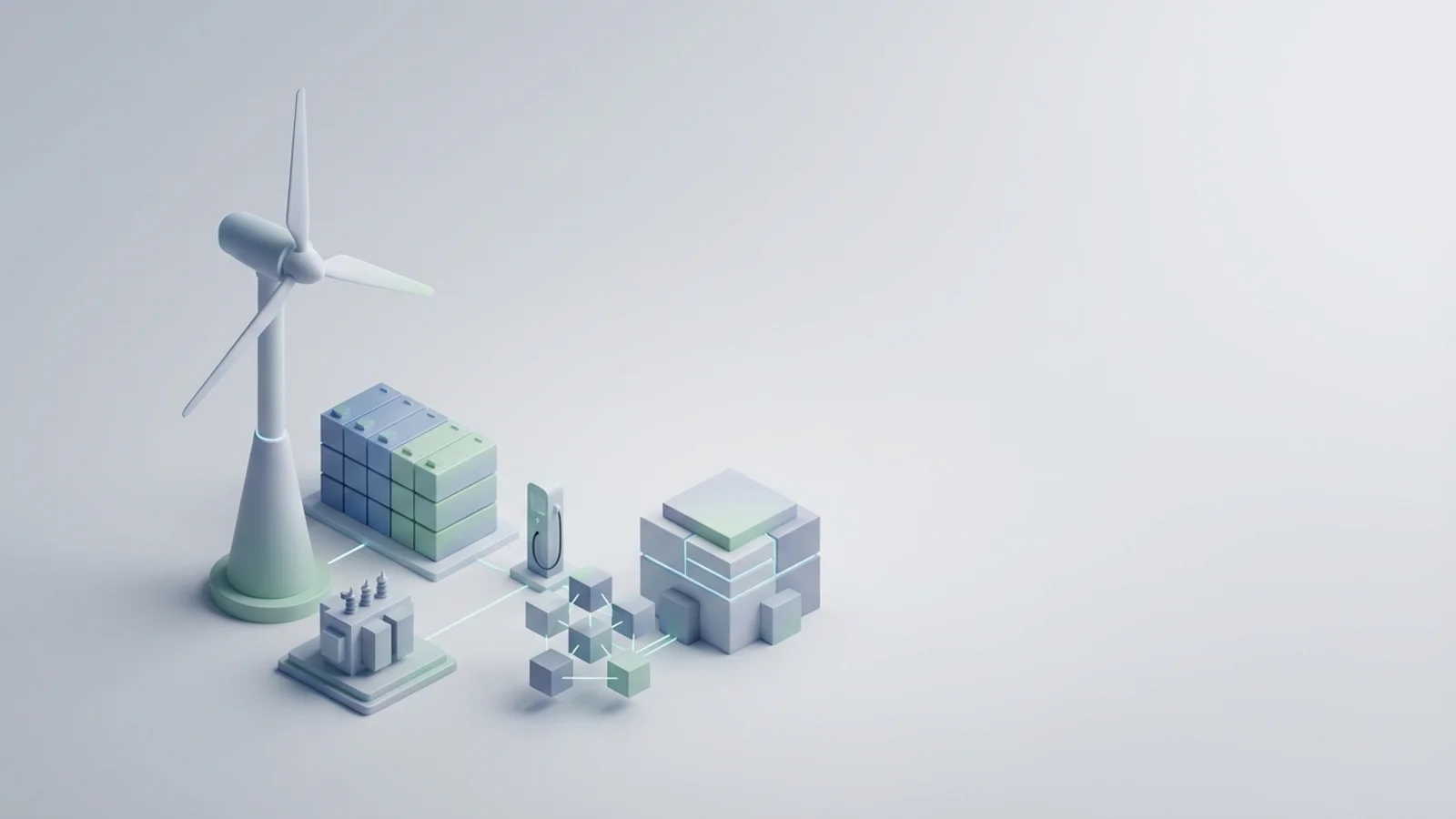 Isometric 3D illustration of wind turbine and battery container with substation and EV charger station
