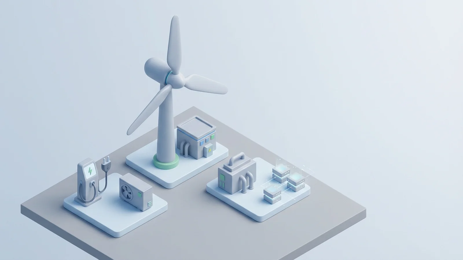 Isometric 3D illustration of wind turbine and substation with EV charger station and heat pump unit
