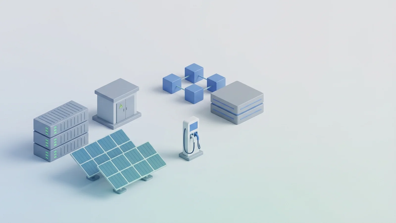 Isometric 3D illustration of solar array and battery container with substation and EV charger station